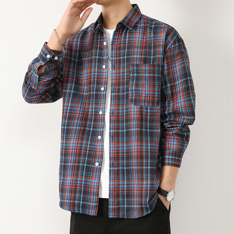 港风格子衬衫男士长袖春秋款潮流宽松休闲帅气衬衣101A-CS190-P26，男装衬衫，星座101A