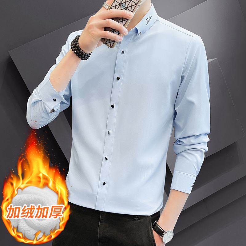 冬季男士加绒加厚衬衫韩版弹力修身刺绣衬衣男101A-CS126加绒-P40，男装衬衫，星座101A