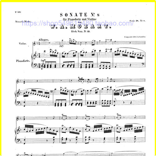 古典乐 莫扎特F大调小提琴奏鸣曲,K.13小提琴钢琴总分谱 非高清