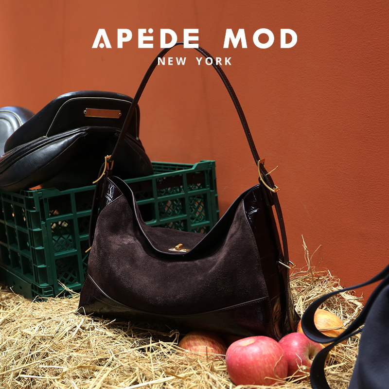 Apede Mod/秋冬新品凡戴克棕粽子包鳄鱼纹牛皮拼接麂皮hobo包女包