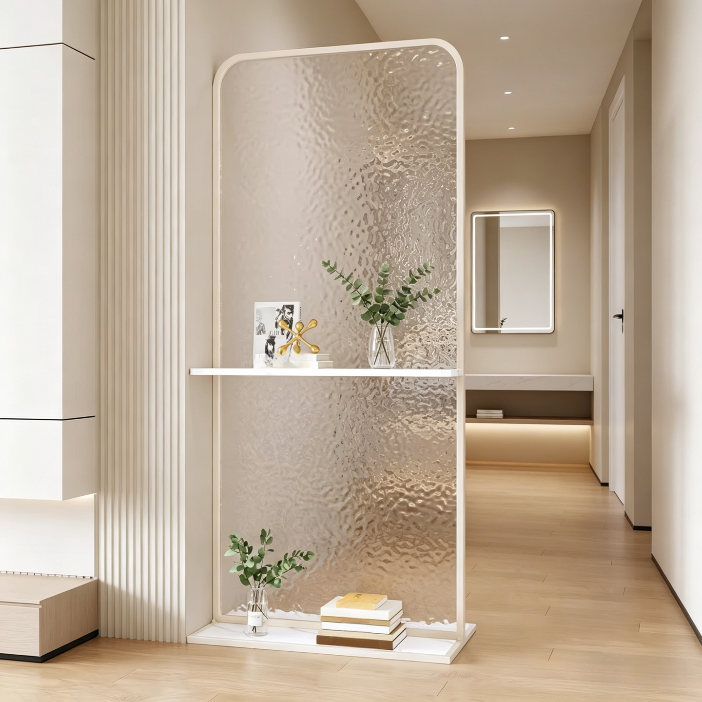 奶油风可移动水纹玻璃屏风客厅入户正对门卧室免打孔隔断沙发遮挡