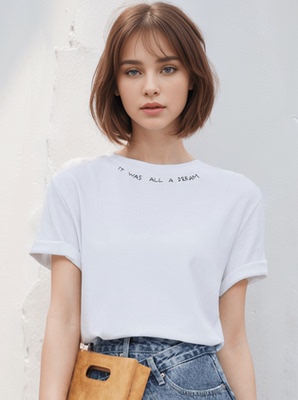 重磅正肩纯棉女T恤短袖设计感