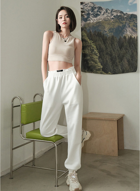 宋小妞 白色运动卫裤女春秋高腰束脚长裤宽松街头松紧腰跳舞裤潮