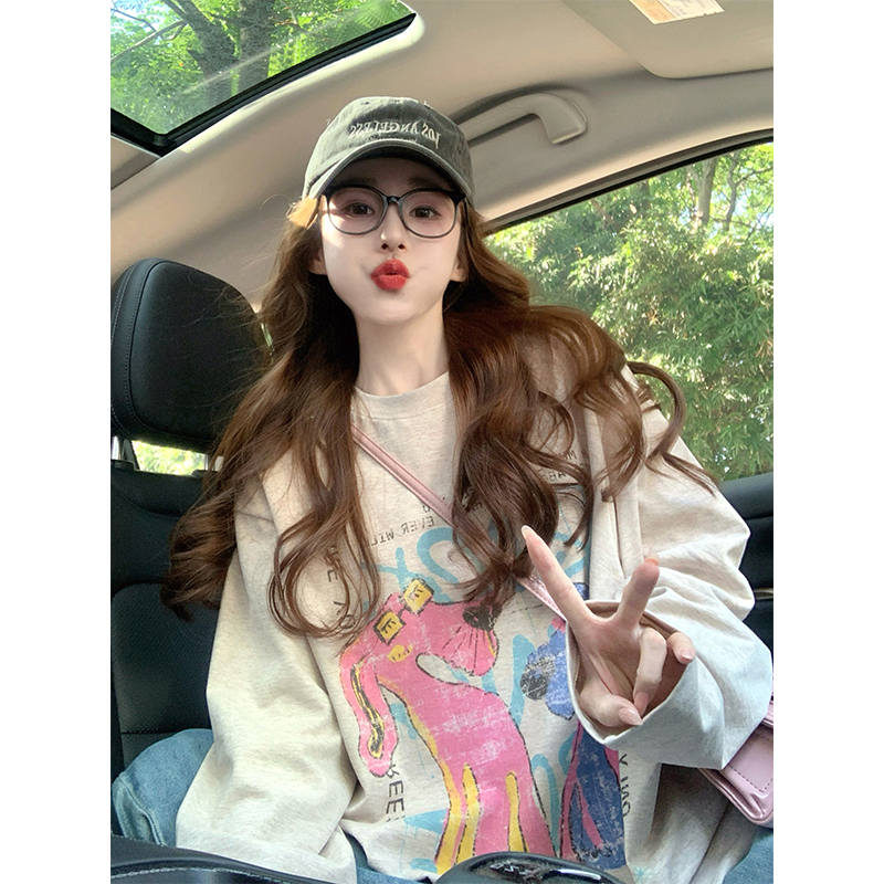 美式卡通长袖t恤女2025新款春季设计感印花潮牌宽松打底衫上衣冬