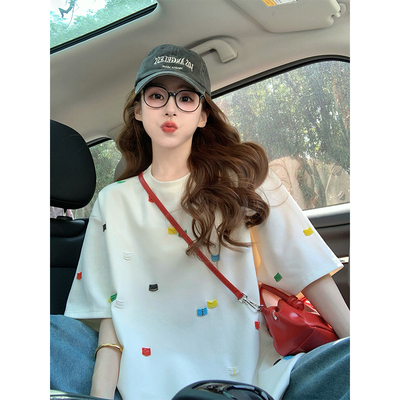 重工彩色钉珠短袖t恤女2025新款夏季小众设计感美式宽松潮牌上衣