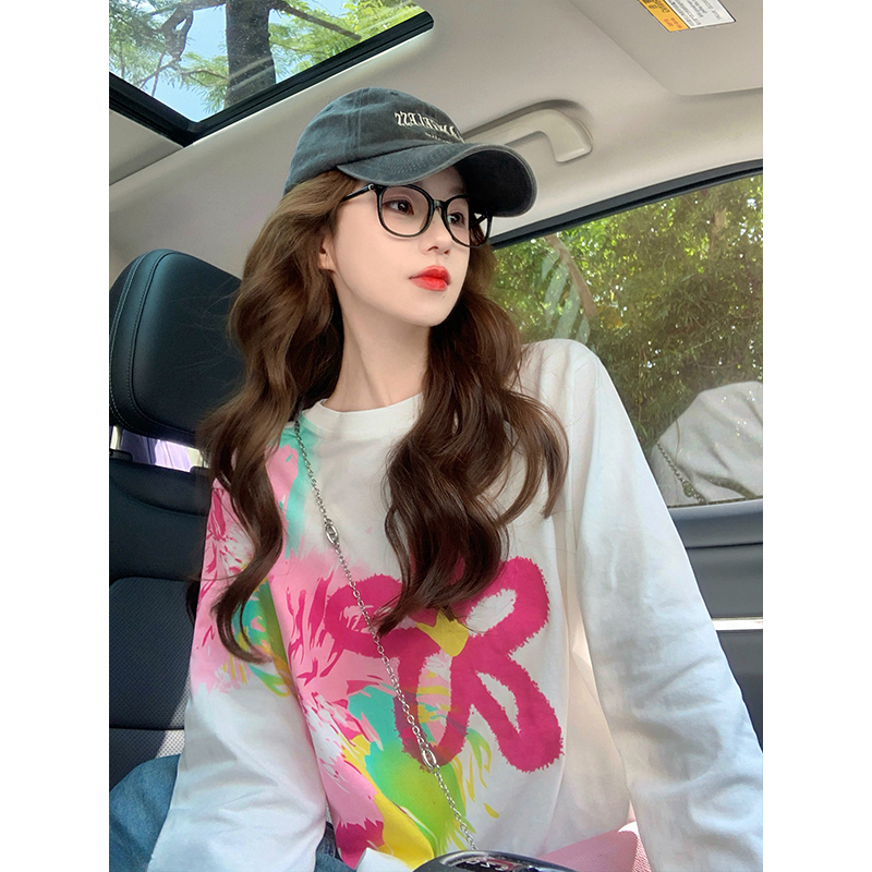 彩色花朵扎染长袖t恤女2025新款春秋打底衫设计感小众正肩上衣潮