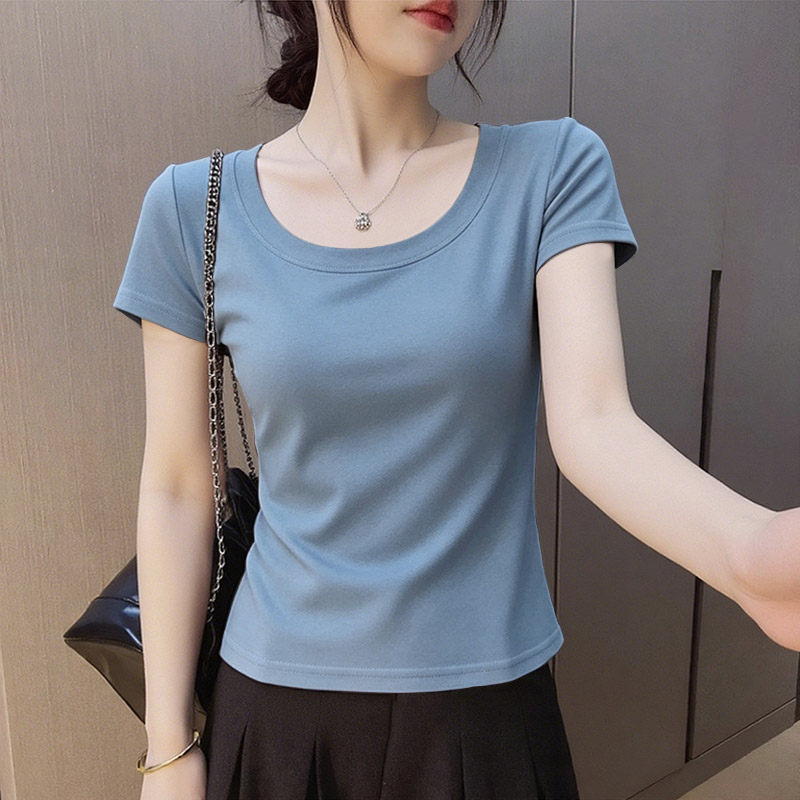 韩系U领露锁骨正肩短袖T恤女夏装新款纯色修身设计感弹力短款上衣