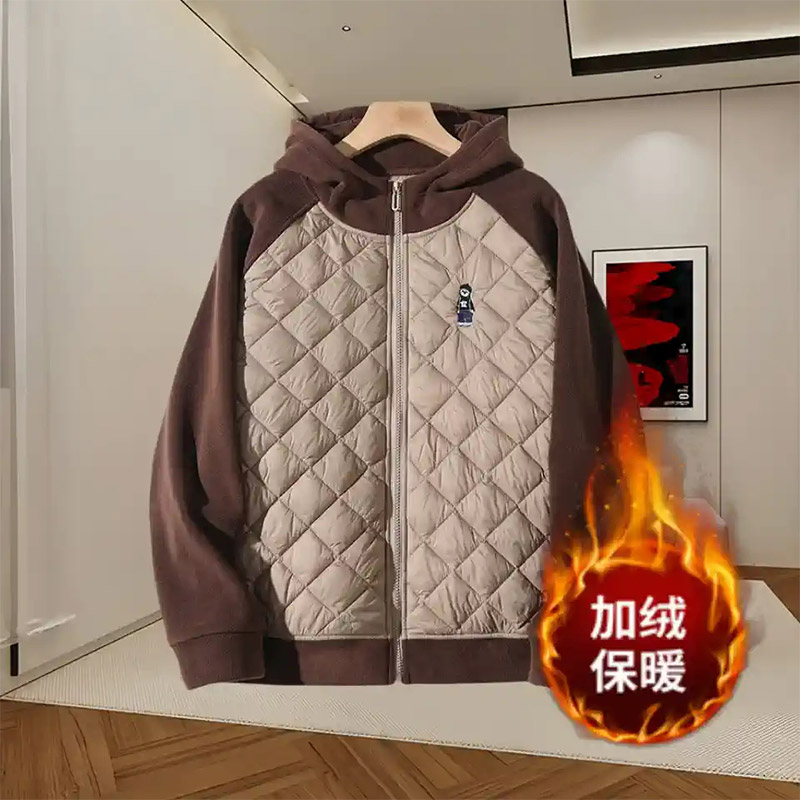 休闲拼色加绒加厚短外套冬季爆款宽松显瘦保暖撞色洋气连帽卫衣女