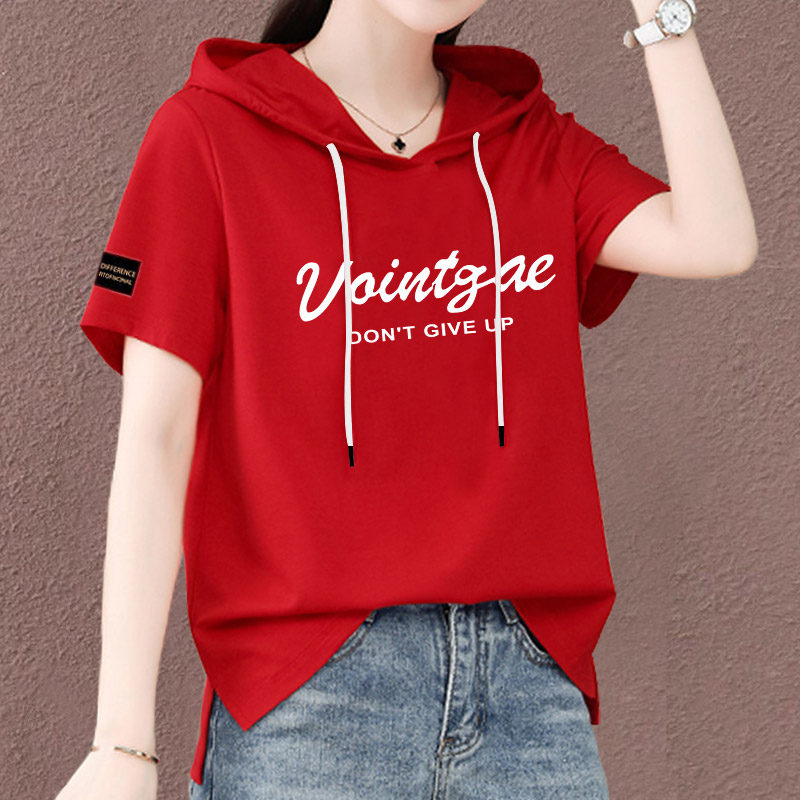 纯棉夏季短袖连帽短袖女超火红色薄款宽松短袖休闲时尚百搭上衣潮
