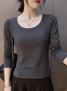 秋季新款长袖打底衫T恤女U领修身显瘦减龄遮肚内搭休闲百搭上衣服