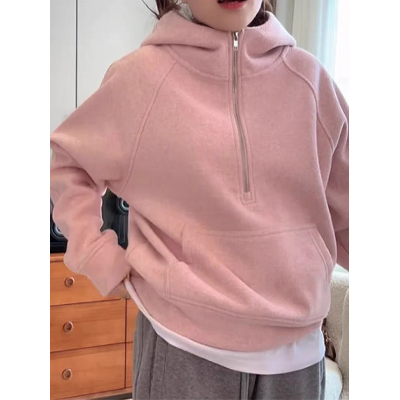 大码女装时尚连帽长袖半拉链卫衣秋季2025新款加绒加厚纯色外套女