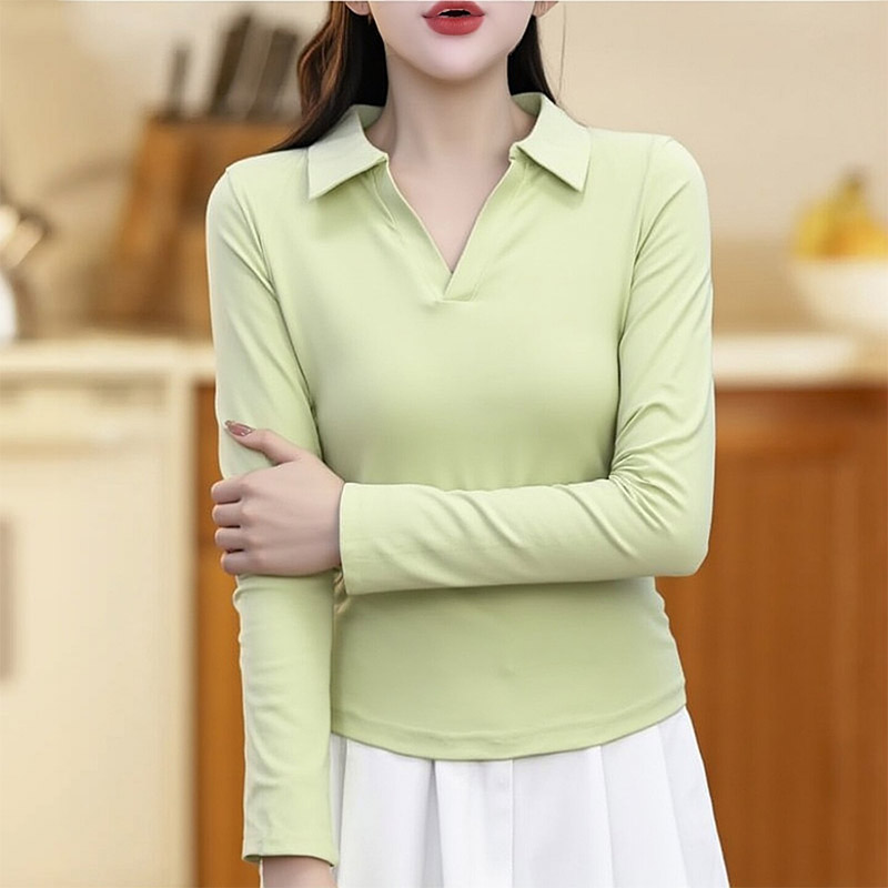 浅绿色修身长袖t恤女修身新款洋气百搭设计感褶皱收腰短款打底衫