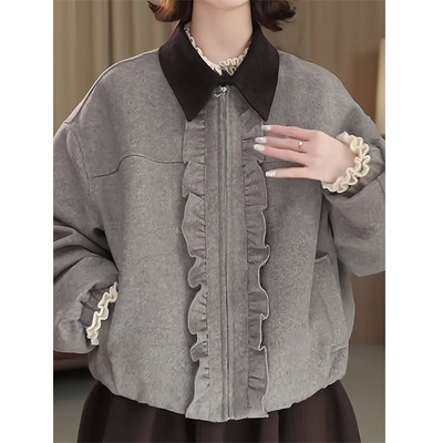 秋冬翻领木耳边设计感拉链短外套小个子气质时尚百搭宽松重工上衣