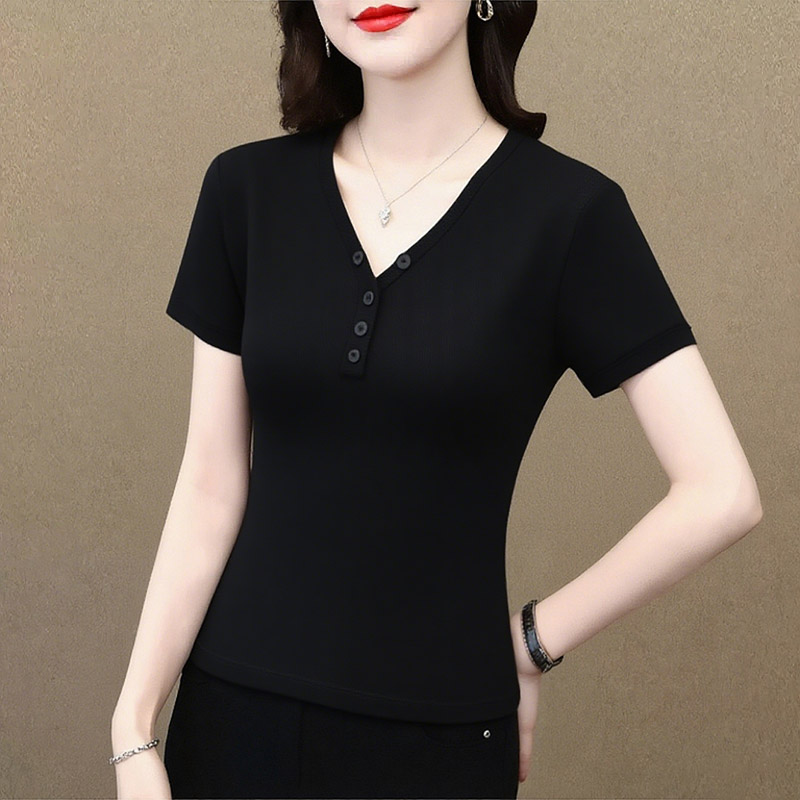 2025新款黑色V领纽扣短袖T恤女夏季性感正肩显瘦低领短款体恤上衣