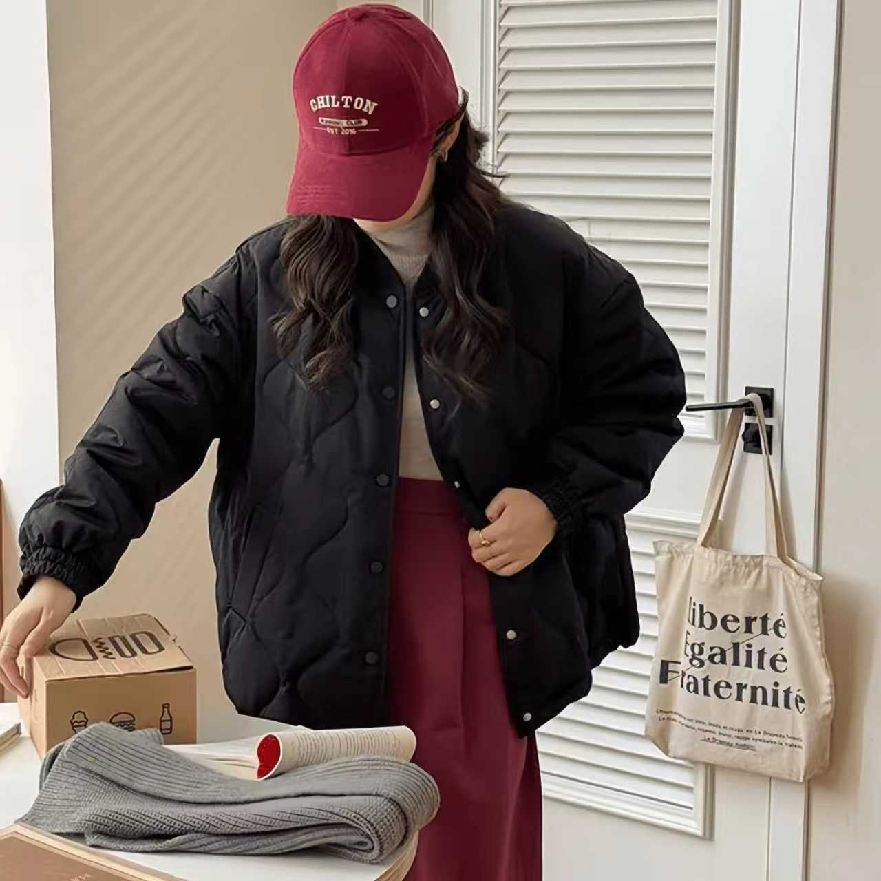 大码胖mm冬季棉服女韩系羽绒棉袄秋冬夹棉外套小个子宽松菱格棉衣