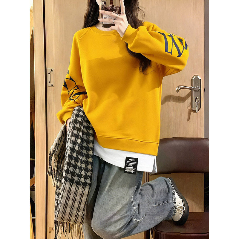 中长款圆领拼接假两件卫衣女加厚秋冬新款百搭纯色套头显瘦上衣服