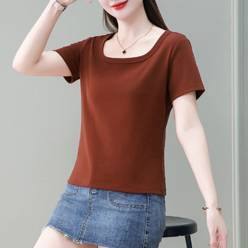 小个子方领短袖t恤女修身夏装新款休闲减龄短款显瘦打底正肩上衣
