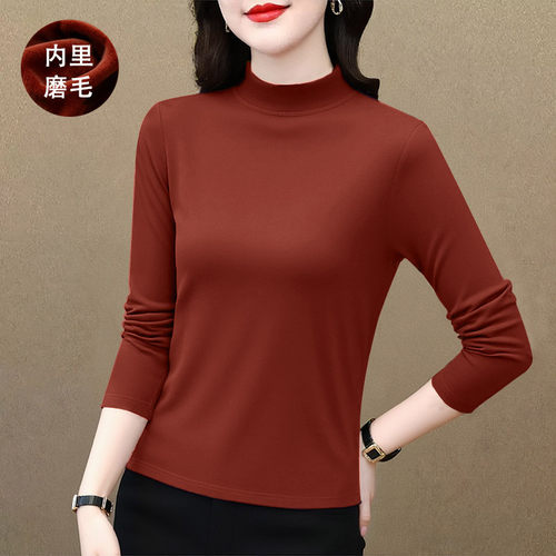 磨毛加绒保暖内搭长袖打底衫秋冬新款半高领修身减龄遮肚软糯上衣