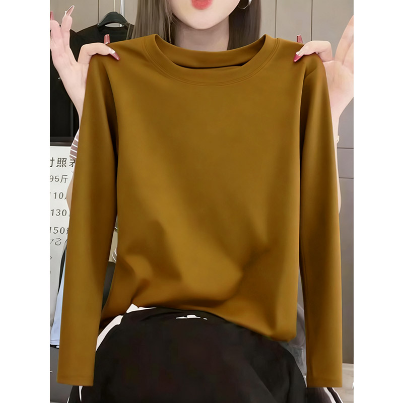 正肩纯色长袖t恤女装时尚百搭秋冬宽松遮肚内搭圆领上衣打底衫ins
