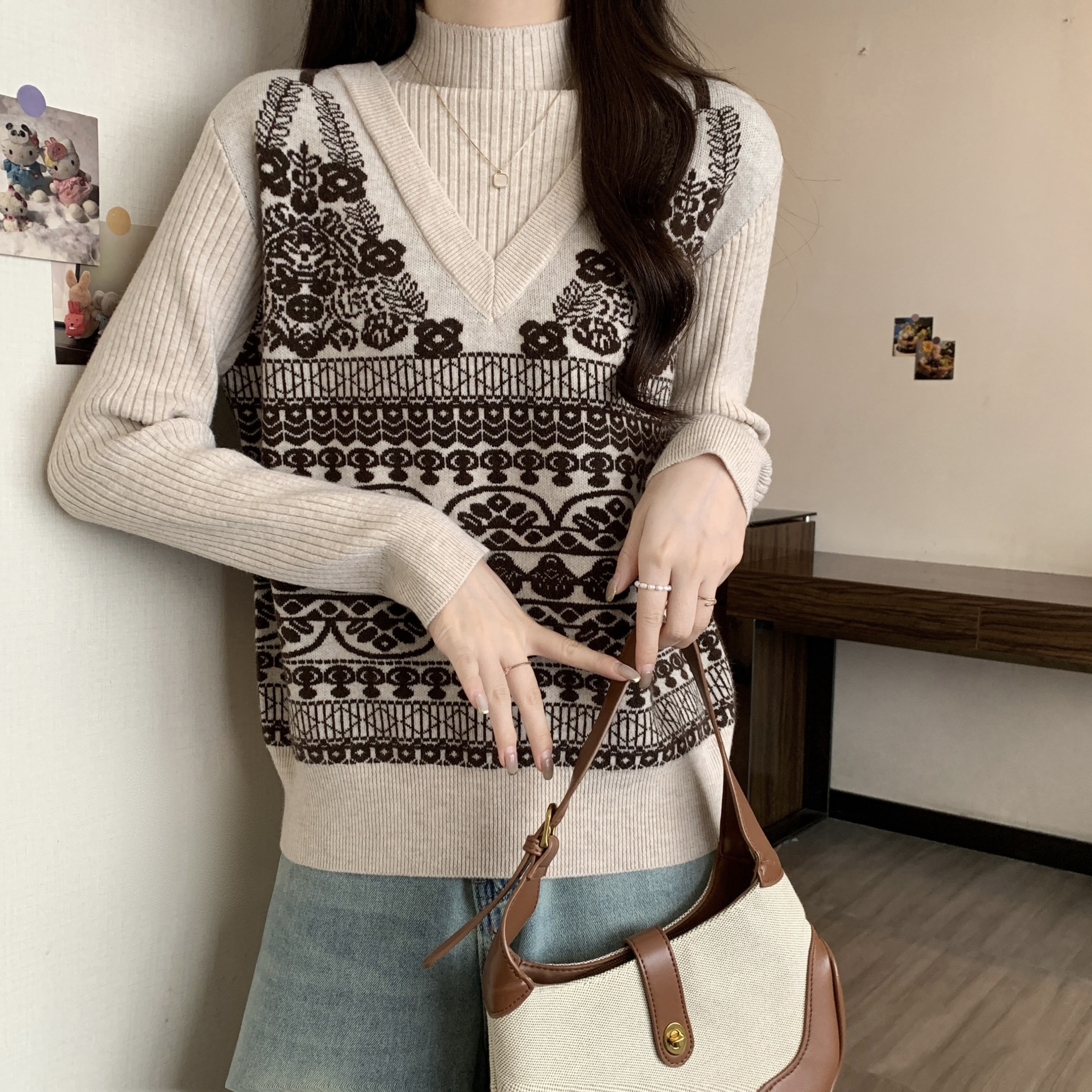 欧货大码假两件半高领针织衫女秋冬微胖MM宽松显瘦百搭打底衫上衣