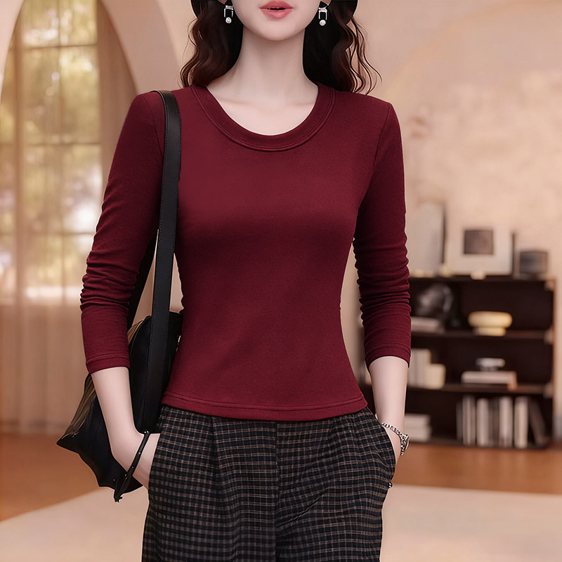 韩系圆领t恤女2025秋冬季新款内搭打底衫正肩修身纯色长袖u领上衣