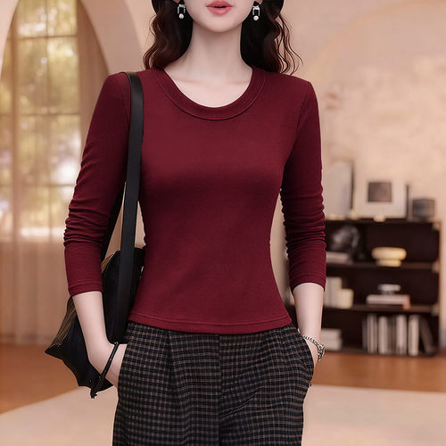 韩系圆领t恤女2025秋冬季新款内搭打底衫正肩修身纯色长袖u领上衣