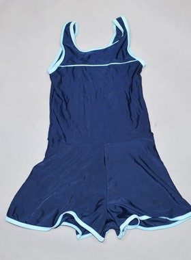 日本原单OVER****可爱藏蓝色衬浅蓝边海滩泳池连体泳衣女童中大童