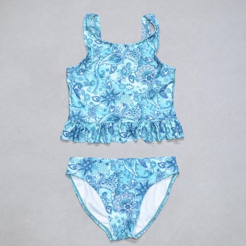 美国原单GEOR****可爱绿色花背心花边海滩泳池分体泳衣女童中大童