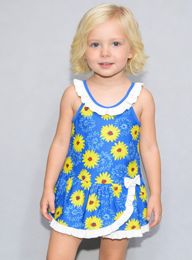 美国原单GEOR****蓝底黄白菊花带裤子泳池裙款连体泳衣女童中小童
