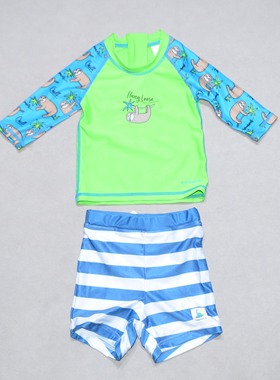 美国原单FIRE****蓝色上衣米白裤海滩泳池游泳分体泳衣男童中小童