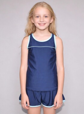 日本原单OVER****宝蓝色衬浅蓝边海滩泳池学生分体泳衣女童中大童