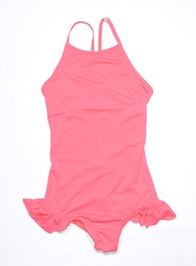 法国原单BOUT****可爱红色交叉带花边海滩泳池连体泳衣女童中小童