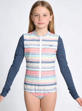 澳洲原单ONEI****条纹花无胸垫长袖防晒海滩泳池连体泳衣女童大童