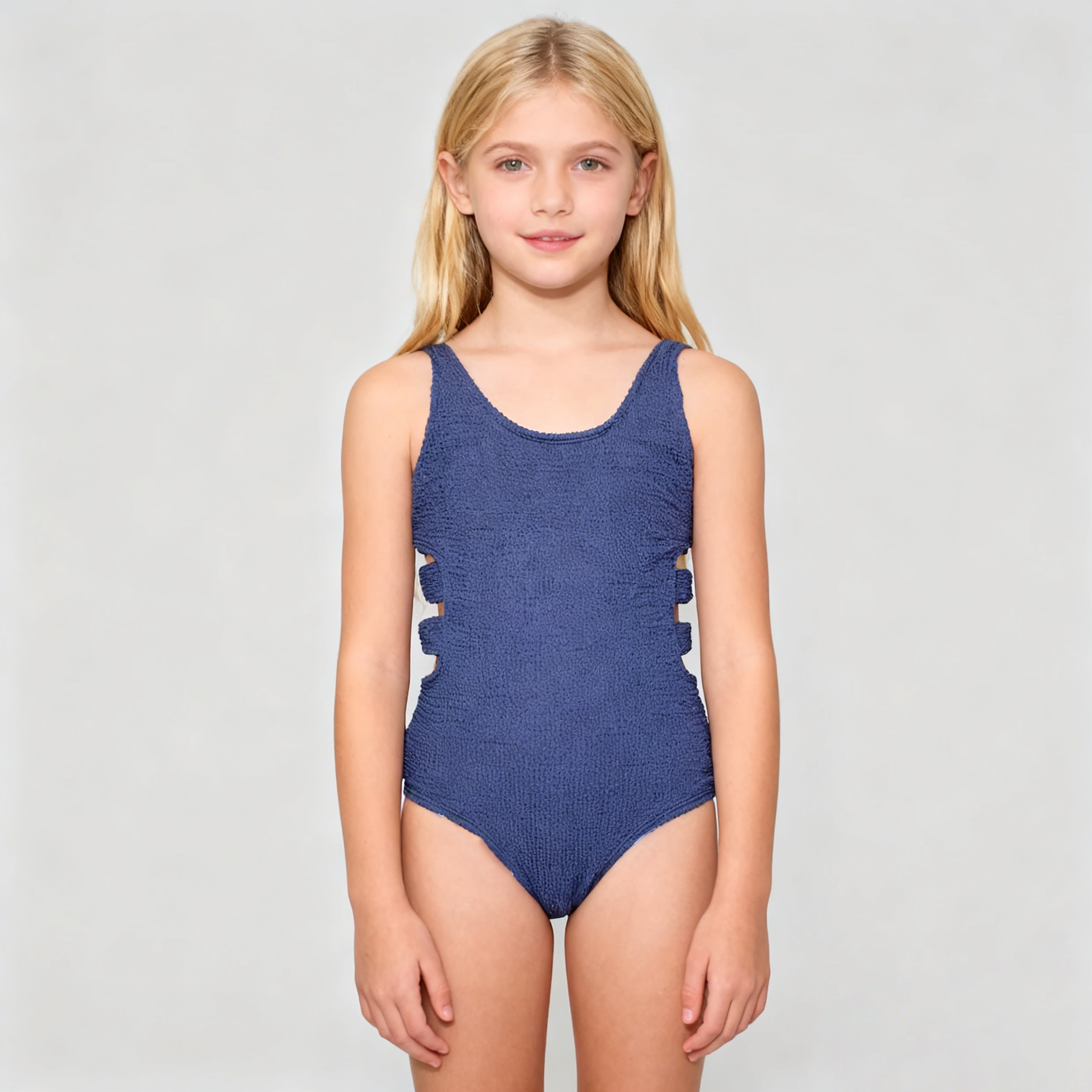 澳洲原单COUN****宝蓝色泡泡纱镂空海滩度假连体泳衣女童中大童