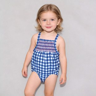 美国原单CATB 蓝白格子抽褶档部开口海滩泳池连体泳衣女童小童