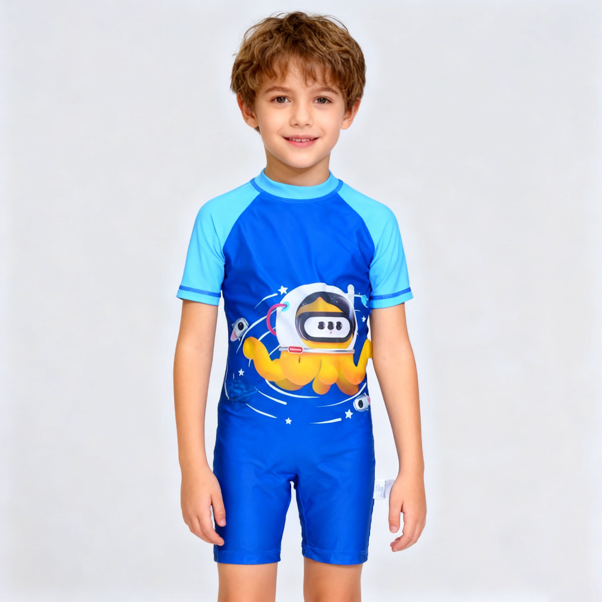 外贸原单BALA****可爱蓝底橙袖子防晒短袖拉链连体泳衣中小童男童