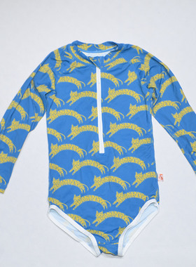 日本原单MUSH****蓝底黄老虎长袖防晒海滩泳池连体泳衣女童中小童