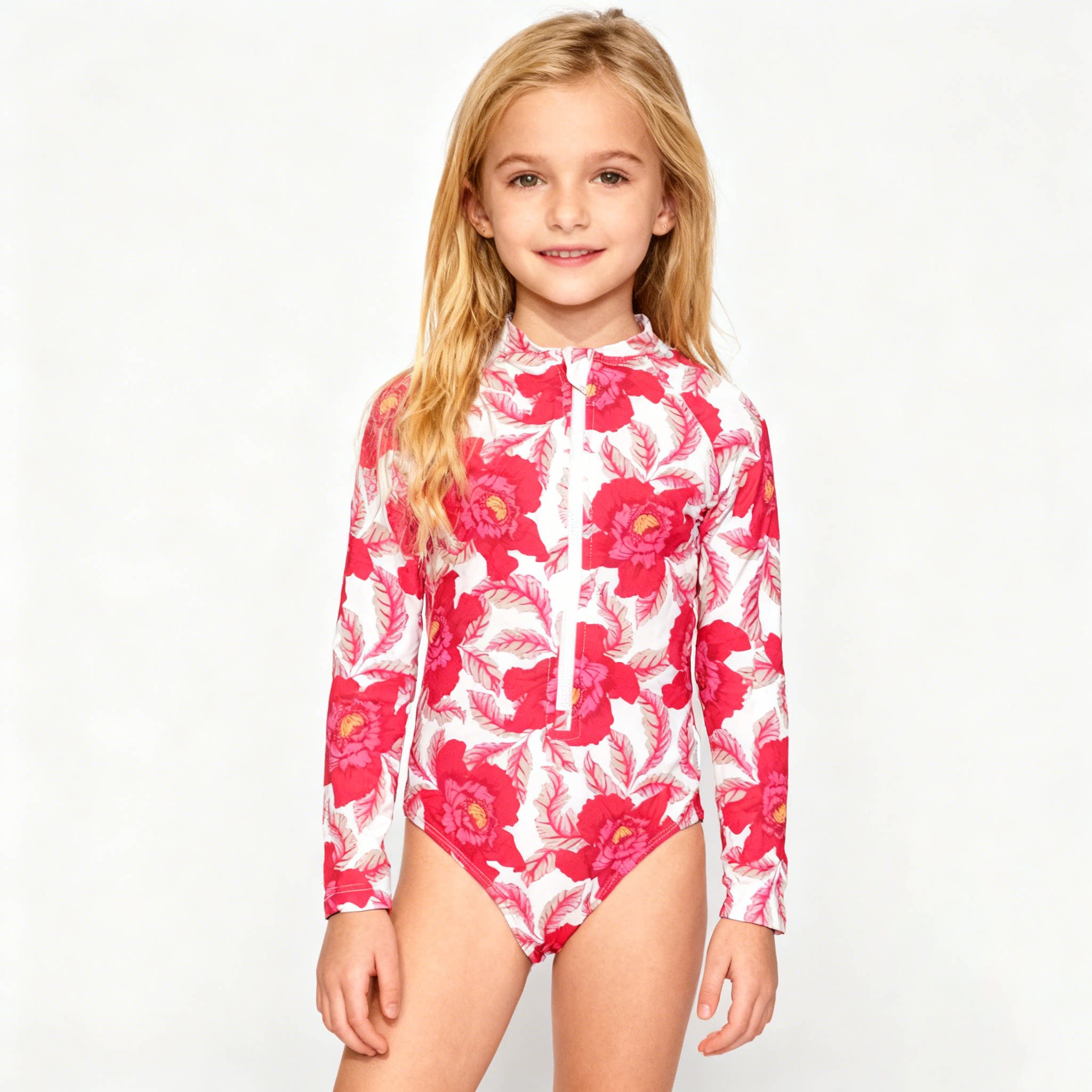 澳洲原单COUN****可爱红色花长袖防晒海滩泳池连体泳衣女童中小童