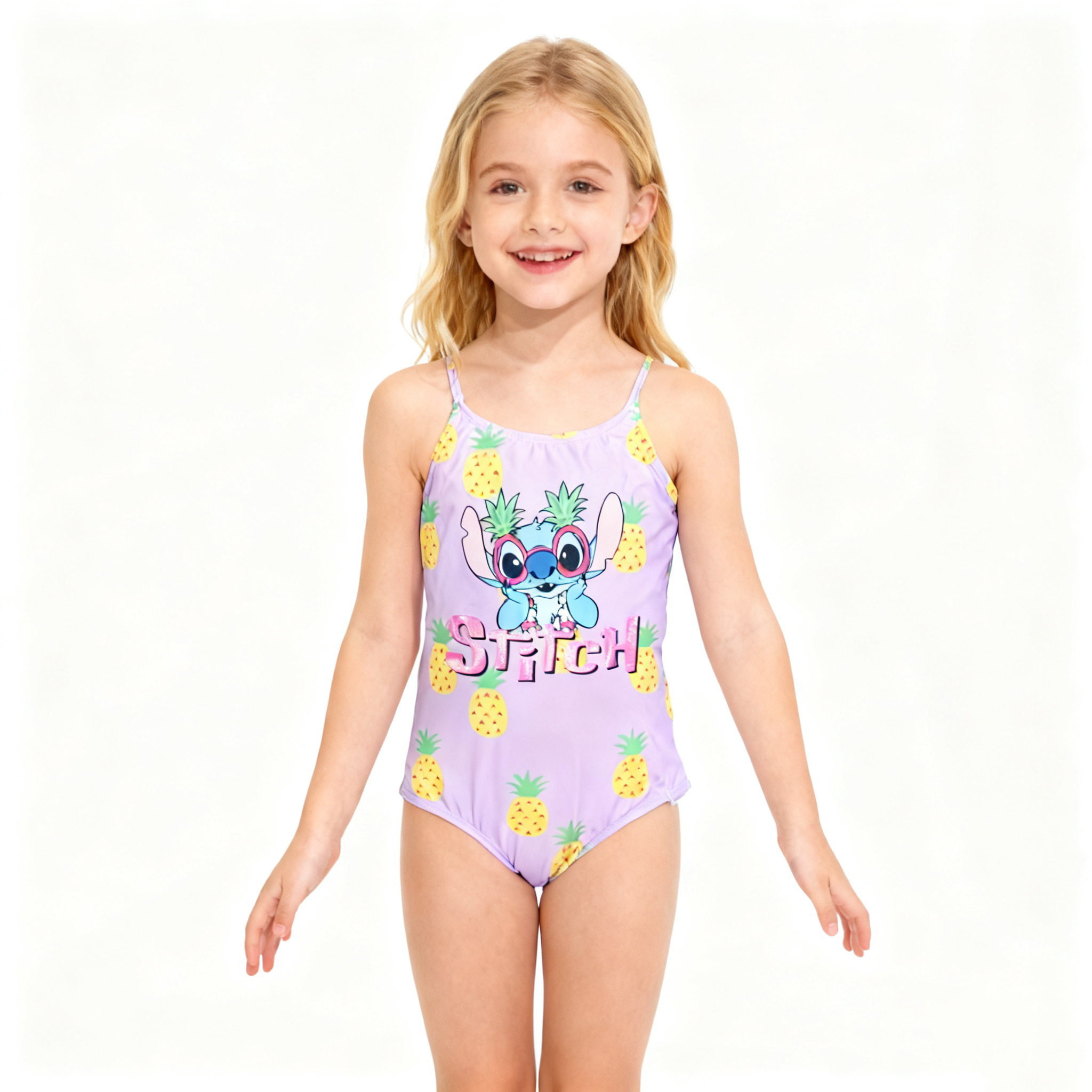 韩国原单STIT****可爱紫色底黄菠萝花海滩泳池分体泳衣女童中大童