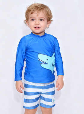 美国原单FIRE****蓝色上衣蓝白裤海滩泳池游泳分体泳衣男童中小童