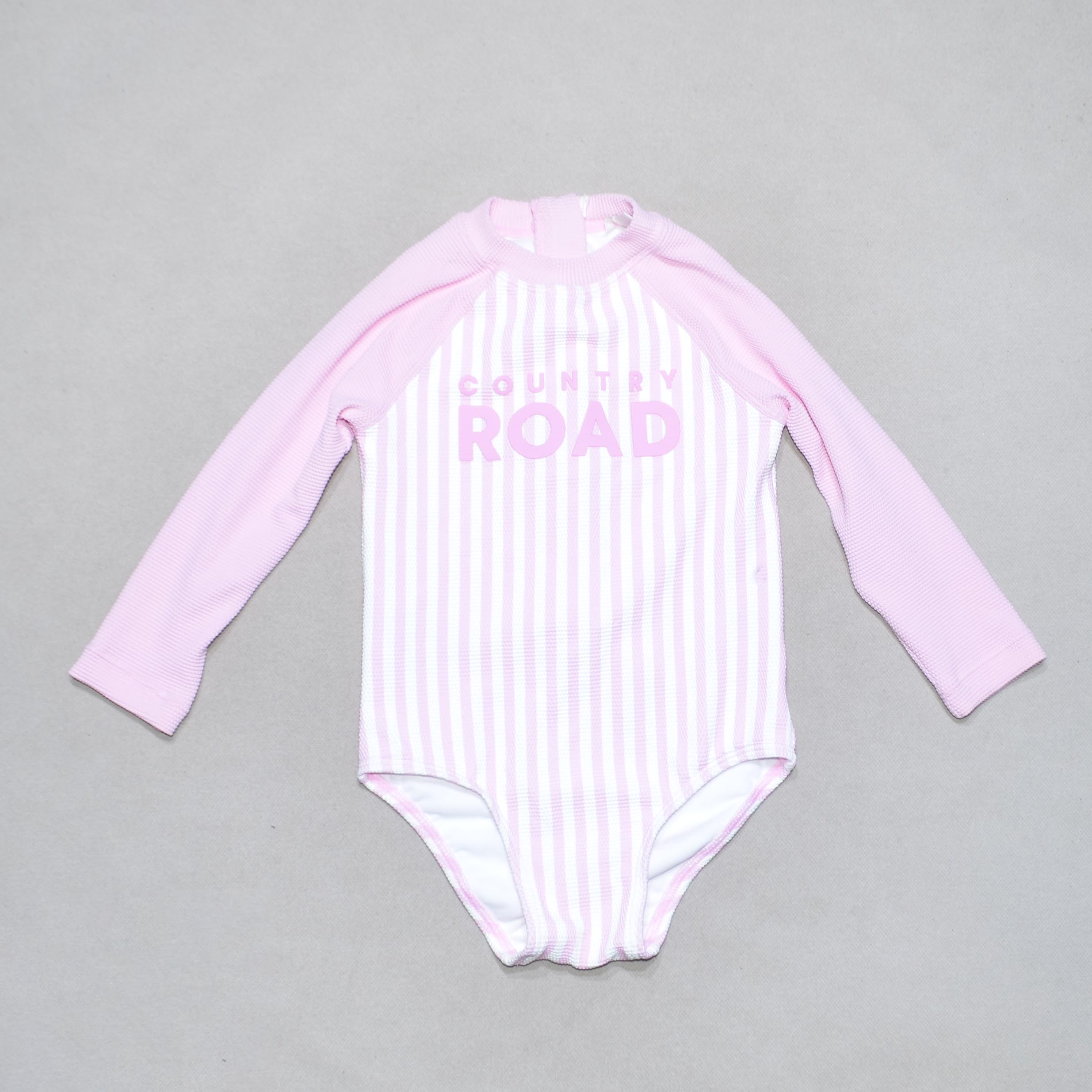 澳洲原单COUN****新款粉白色条纹印ROAD长袖拉链连体泳衣女童小童
