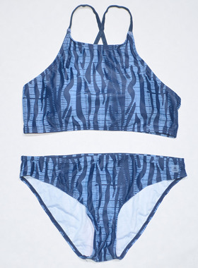 美国原单FIRE****蓝色条纹花无胸垫运动竞速款连体泳衣女童中大童