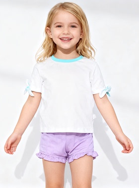 美国原单TOMM****白色蓝领上衣紫色裤海滩泳池分体泳衣女童中小童