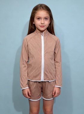 日本原单FUNC****卡其色长袖拉链海滩泳池平脚分体泳衣女童中小童