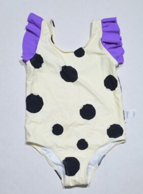 品牌原单HAPP****浅黄底黑圆点紫花边海滩泳池连体泳衣女童中小童