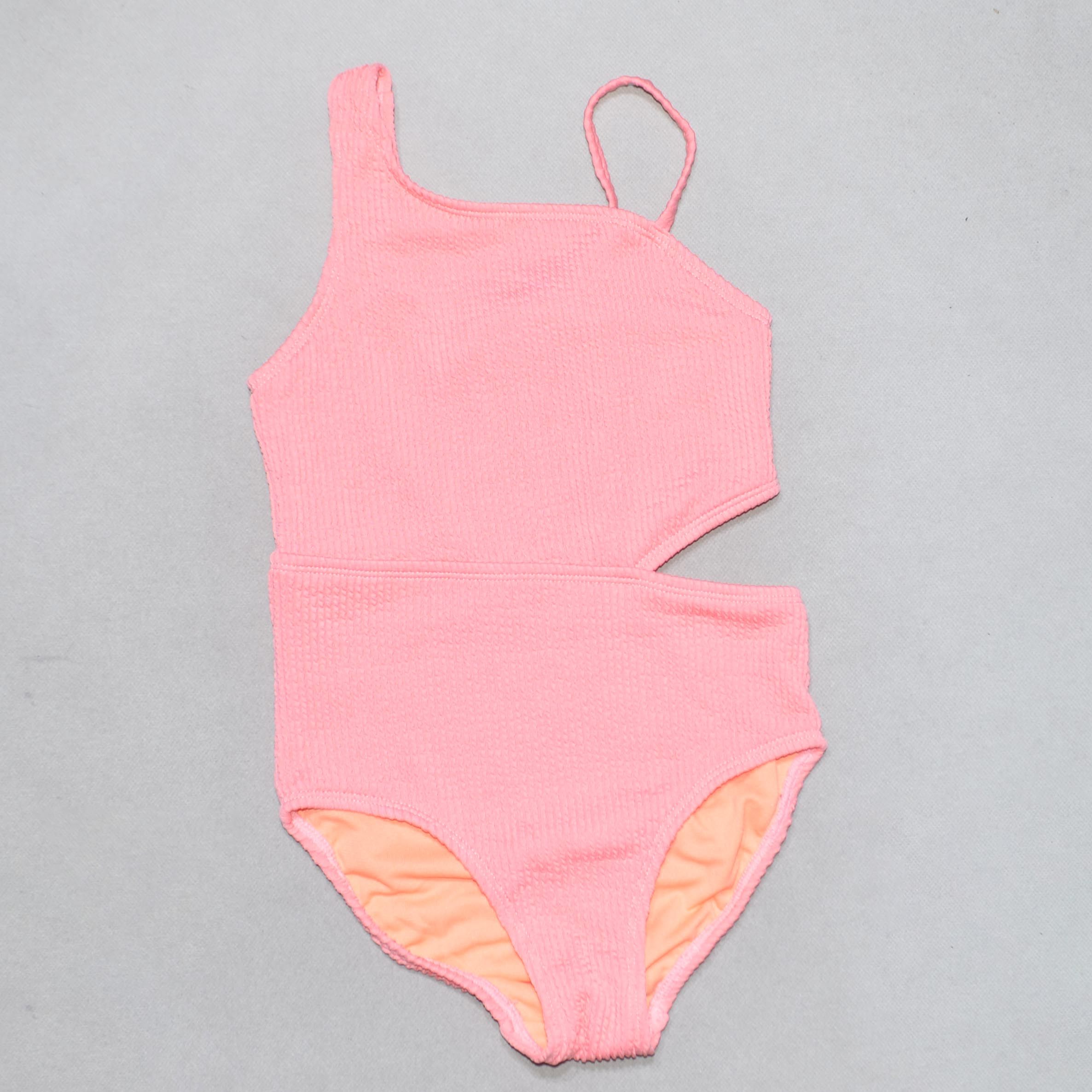 美国原单JESS****可爱粉红色泡泡纱单肩海滩泳池连体泳衣女童中童