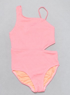 美国原单JESS****可爱粉红色泡泡纱单肩海滩泳池连体泳衣女童中童