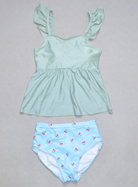 日本原单GLOB****绿色上衣蓝色裤海滩泳池游泳分体泳衣女童中小童