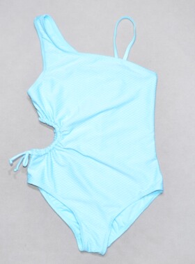 美国原单GEOR****可爱天蓝色单肩露腰海滩泳池连体泳衣女童中大童