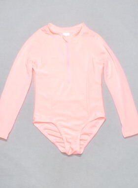 美国原单GEOR****橙黄色螺纹布长袖防晒海滩泳池连体泳衣女童小童